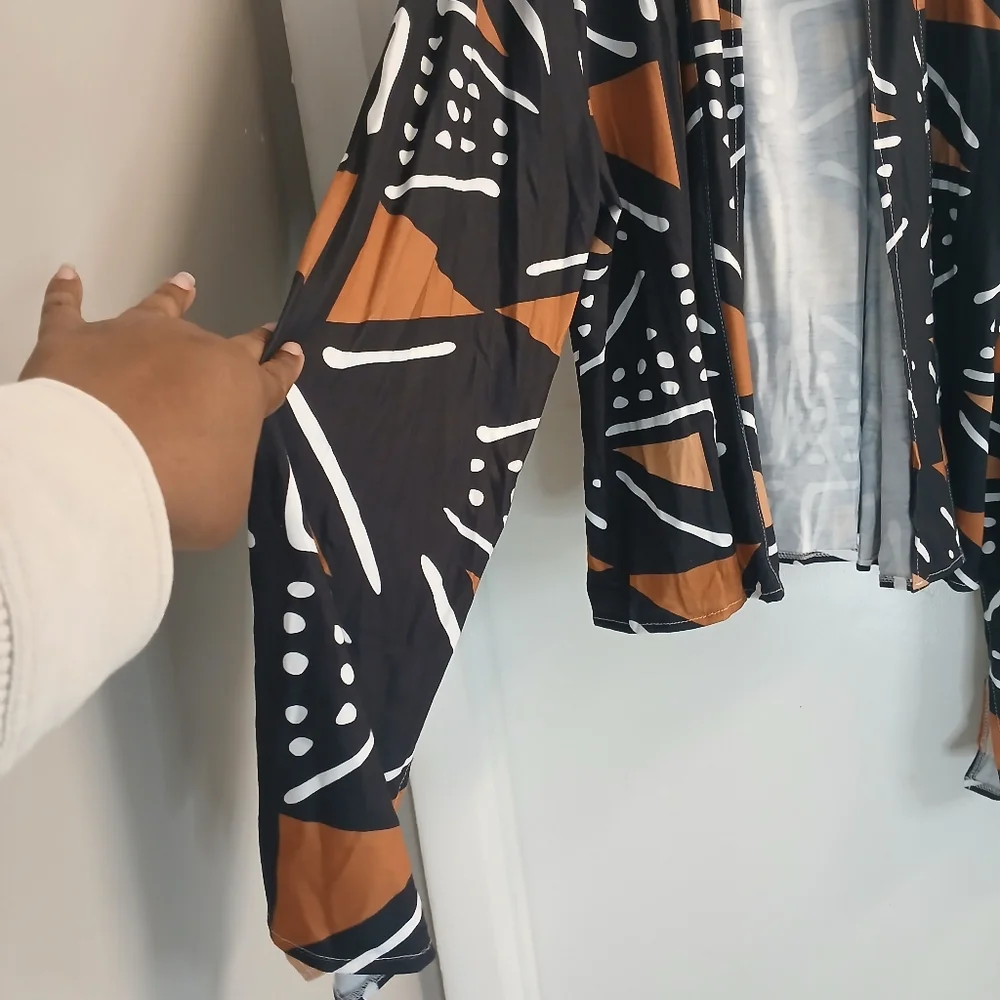 Black & Brown Split-Sleeve Geometric Tribal Print Open Front Jacket 5X / 20 NWOT